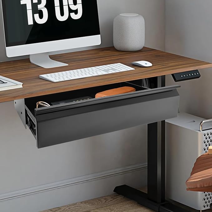 FFanhia 22 Inches Under Desk Mounted Sliding Pull-out Drawer Storage Drawer for Sit Stand Workstation Office Desk(Applicable Table Thickness: 0.79in) Black