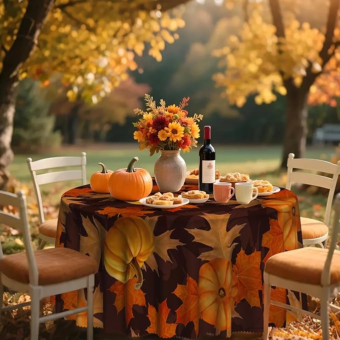 Eikione 70In Round Tablecloth, Pumpkin Table Cloth, Black Checkered Tablecloth Pumpkin Fall Tablecovers