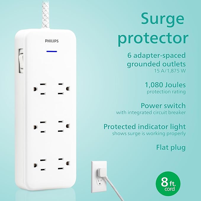 Philips 6-Outlet Surge Protector with Multiple Outlets, 8 Ft, Braided Cord,1080 Joules, Adapter-Spaced, White, SPC6066WB/37