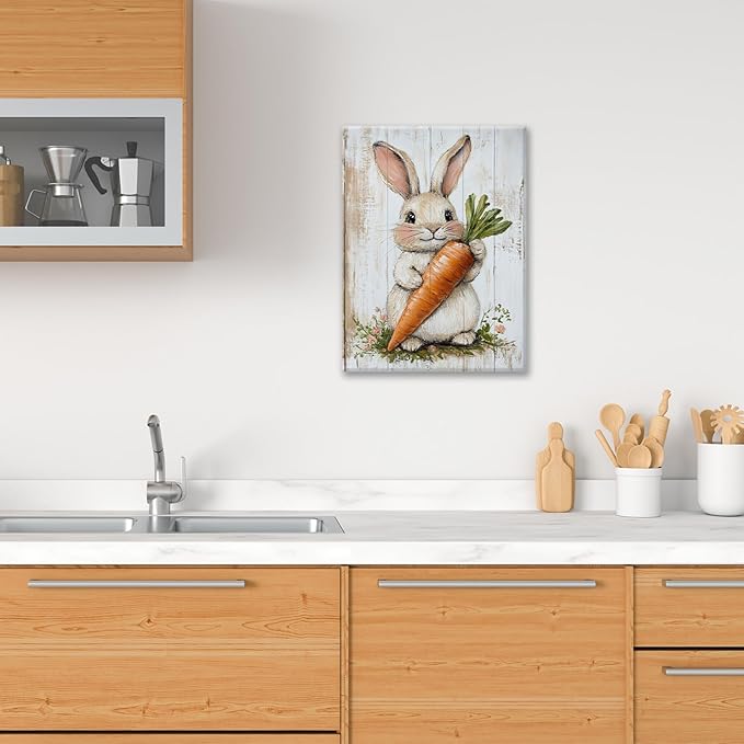 Rabbit Wall Art, Easter Bunny Pictures Wall Decor, Farmhouse Rabbit Carrot Canvas Prints, Rustic Cute Animal Painting Framed Artwork for Bathroom Living Room Bedroom Office Dining Room 24"X16"