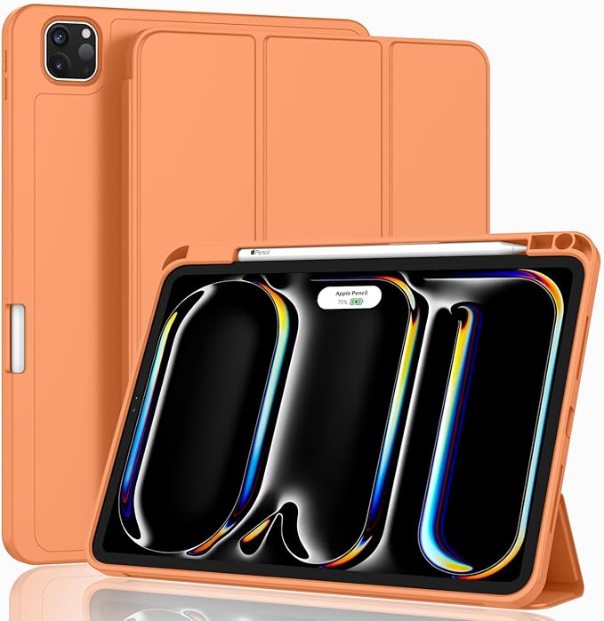 ZryXal iPad Pro 11 Inch Case (M5) 2025/ (M4) 2024 (Model: A2836/A2837/A3006), Trifold Stand Smart Cover with Pencil Holder and Soft TPU Back, Auto Wake/Sleep (Orange)