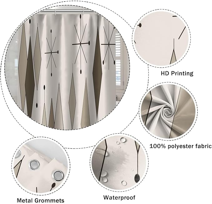 Boho Light Grey Brown Shower Curtain Abstract Mid Century Diamond Geometric Atomic Starburst Pattern Beige for 1950s Retro Bathroom Decor Shower Curtain Set with 12 Hooks, 72x96 Inches