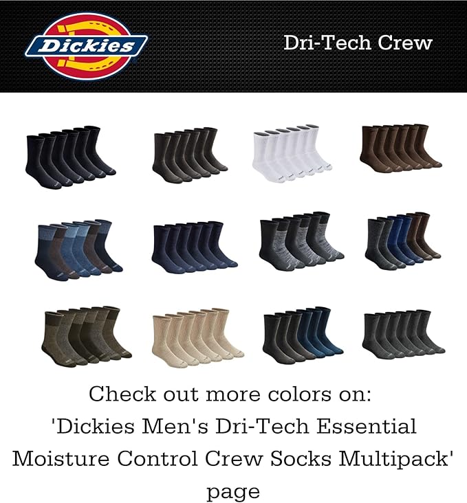 Dickies Men's Dri-Tech Original Moisture Control Crew Socks, Available in M-XXL (6, 12, 18 Pairs)