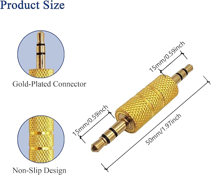 Voluty Tek 3.5mm to 3.5mm Male to Male Audio Headphone Adapter,Gold Plated 1/8" Stereo Coupler Connector for Speakers MP3 Players 2pcs