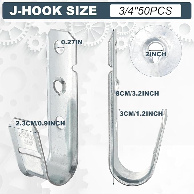 COCODE 50 Pack 3/4’’ J Hooks Cable Hangers Without Retainer Clip Galvanized Steel Wall Mount Heavy Duty Utility Hooks Cable Management for Structured Cabling