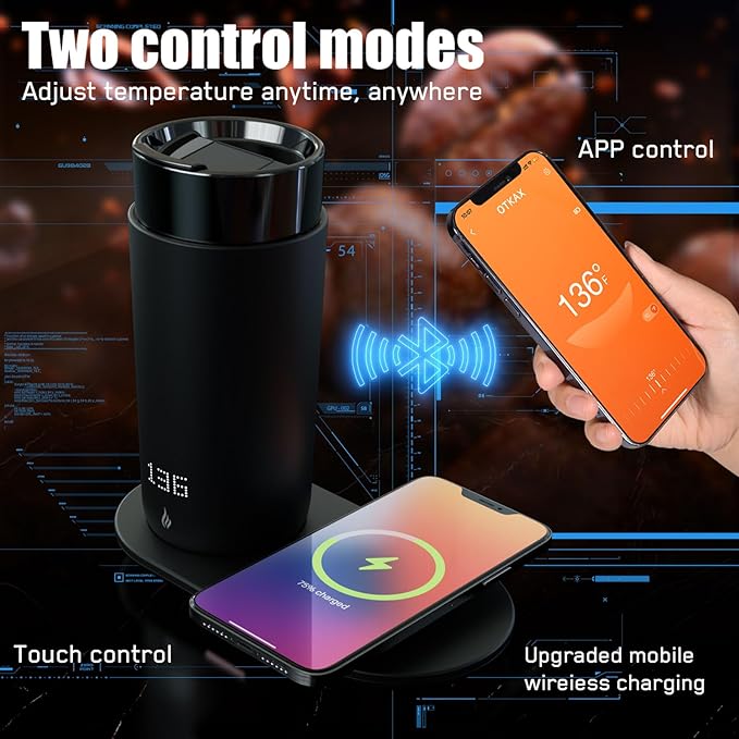 LEGARDLILIU Temperature Control Heated Coffee Mug Smart Self Heating Travel Mug 12 Oz App Controlled Warmer Mug 4-10 Hour LED Display Keep Coffee Hot Fast Wireless Charger Base Iron Black