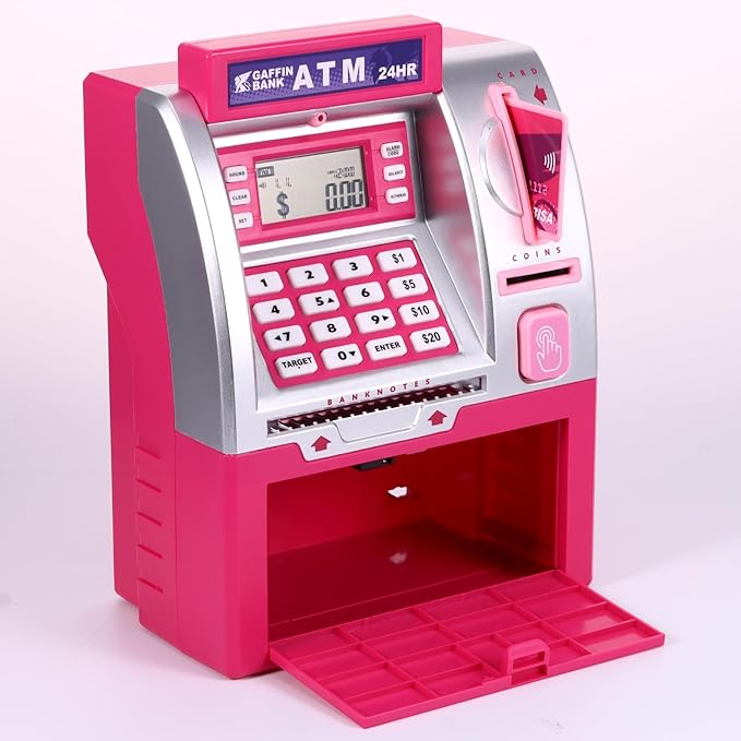 ATM Piggy Bank with Card and Password, Electronic Savings Bank Machine for Real Money, Mini ATM Coin and Cash Deposit Box with Target Setting, Clock and Sound – Pink Dollar Edition