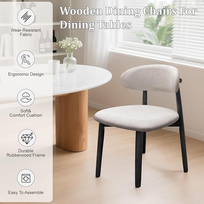 Farmhouse Dining Chairs Set of 6,Mid Century Modern Fabric Upholstered Kitchen Chairs,Wooden Dining Room Chair with Curved Back Black Leg for Kitchen Dining Room Restaurant Cafe,Linen Gray,Only Chairs