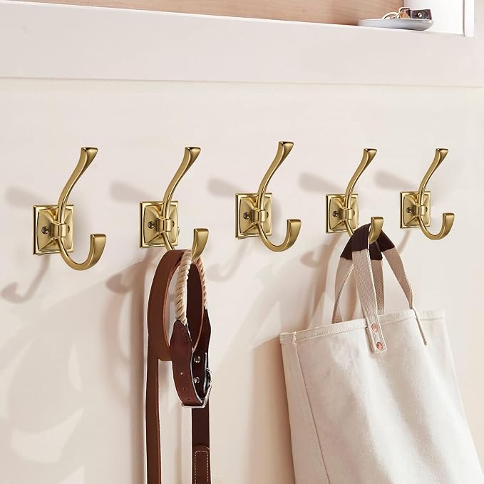 Large Wall Hooks 10 Pack - Brushed Gold Coat Hooks Hardware for Hanging Coats, Towels, Robes, Bags, Cups, Hats - Wall Mounted with Screws