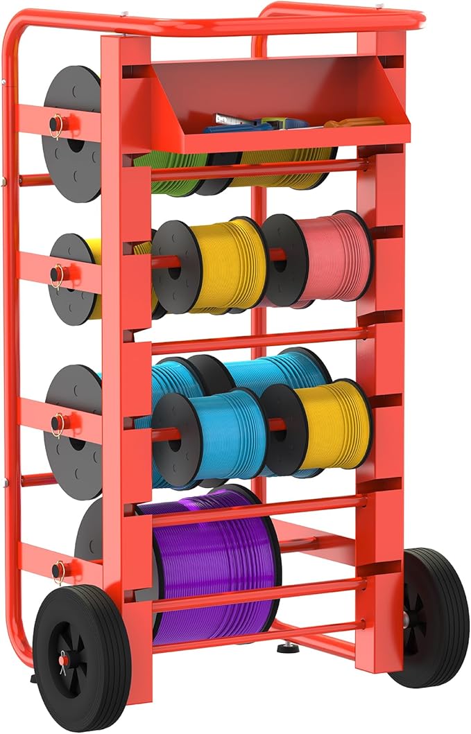 Tredre Red Wire Spool Rack with Wheels, Heavy Duty Cable Holder with 11 Rods – Mobile Multi-Spool Wire Rack Dispenser with Wheels and Storage Box for Efficient Workplace Cable Management