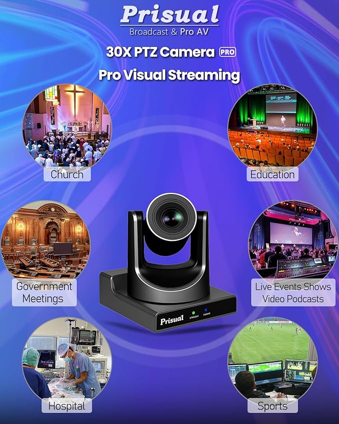 Prisual PTZ Camera System Gen 5, 30X Optical Zoom, Advanced AI Auto Tracking, PoE HDMI SDI Bundle PTZ for Church Worship,NDI PTZ Controller, (PTZ Bundle TEM-30S PROx2+TEM-JOY1)