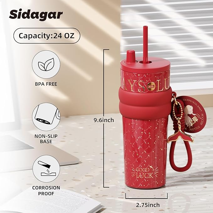 24 oz Tumbler with Lid and Straw, Insulated Coffee Mug Leak Proof, Portable Iced Travel Water Bottle, Reusable Thermal Coffee Cup, Gifts for Women, Scarlet Red