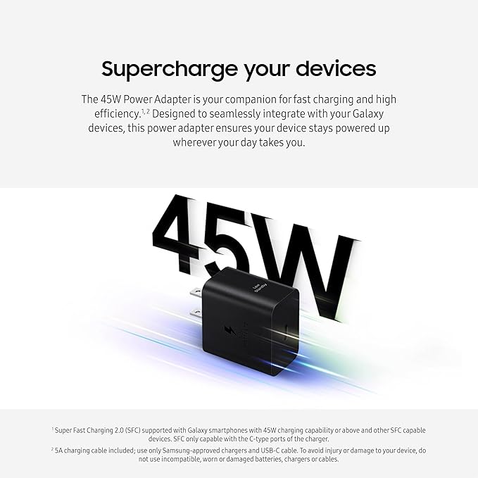 SAMSUNG 45W Wall Charger Power Adapter with Cable Included, Super Fast Charging for Galaxy Phones, Tablets and USB Type C Devices, Low Standby Power Consumption, EP-T4511XBEGUS, Black