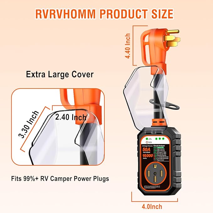 RV Surge Protector 50 Amp Flag Design - Upgraded 16000J Power Surges Voltage Protection Circuit Analyzer IP68 Waterproof Cover for 50A RVS Camper Trailer Must Haves (50Amp, Orange)