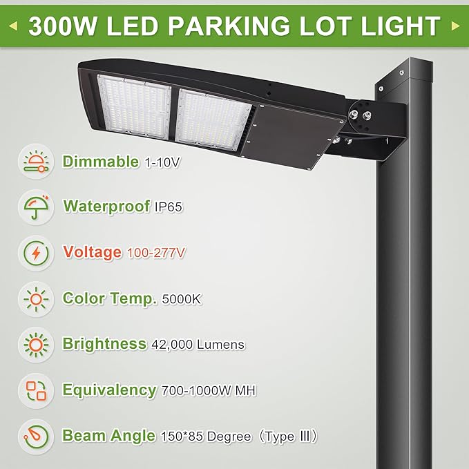 300W LED Parking Lot Area Lights, Dimmable LED Shoebox Lights, 20KV Surge Protector Built-in, LED Street Lights with Yoke/Wall Mount, 40,500LM DLC UL 5000K 100-277VAC