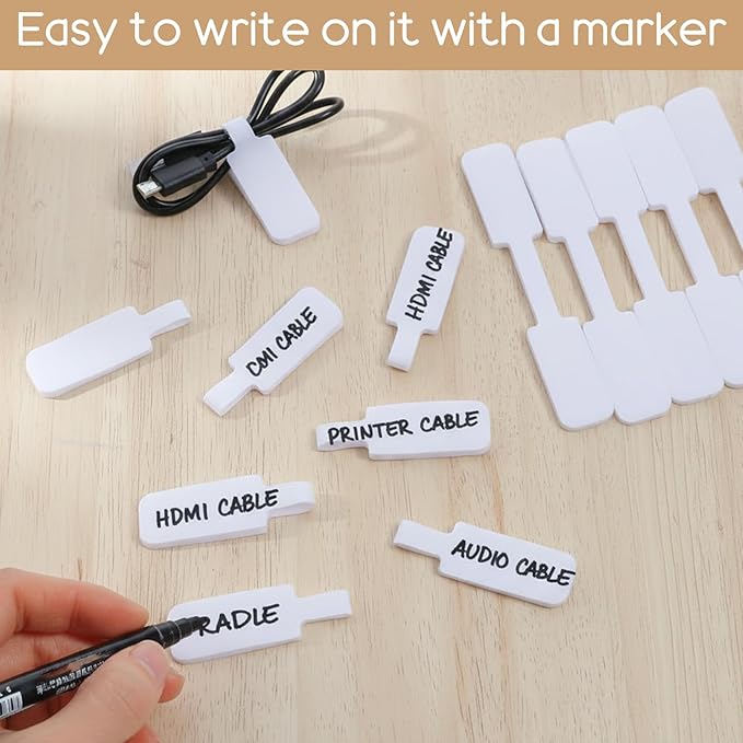 35PCS Reusable Cable Cord Wire Labels, Self-Adhesive Hook and Loop Cable Labels, Easy to Write on Wire Label, White Cables Tags for Electronics, Computer Cables Management and Identification