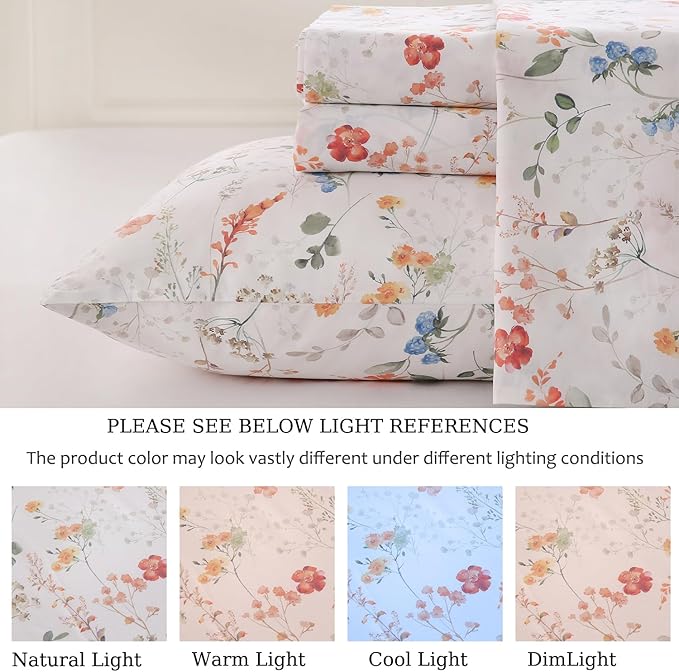 Zusbest Floral Bed Sheets Cal King Percale Cotton Orange Blue Flower Sheet Set Green Botanical Printed on White Patterned Deep Pocket Sheets, Crisp Soft Breathable for Hot Sleepers, California King