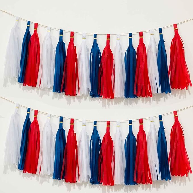 We Moment Blue Red and White Tissue Paper Tassels Party Tassel Garland Banner for Party Decorations, DIY Kits,15PCS
