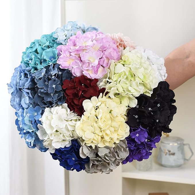 10PCS Artificial Hydrangea Flowers, Fake Hydrangea Silk Flowers Heads with Stems for Wedding Home Party Shop Baby Shower Decoration-Bluish Grey