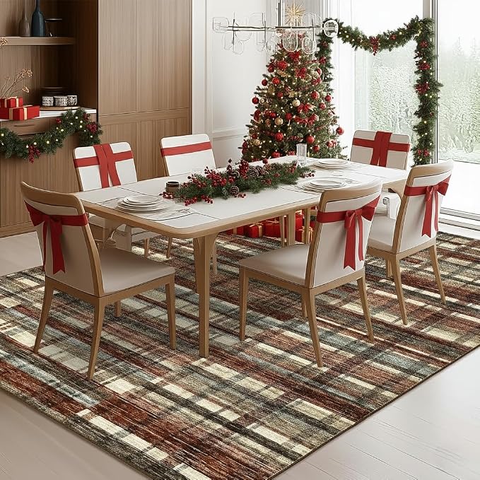 Living Room Rug 8x10 Area Rugs for Living Room Christmas Washable Rug Non Slip Modern Plaid Throw Rugs Low Pile Area Rugs for Bedroom Stain Resistant Carpet for Classroom Office Red 8'x10'