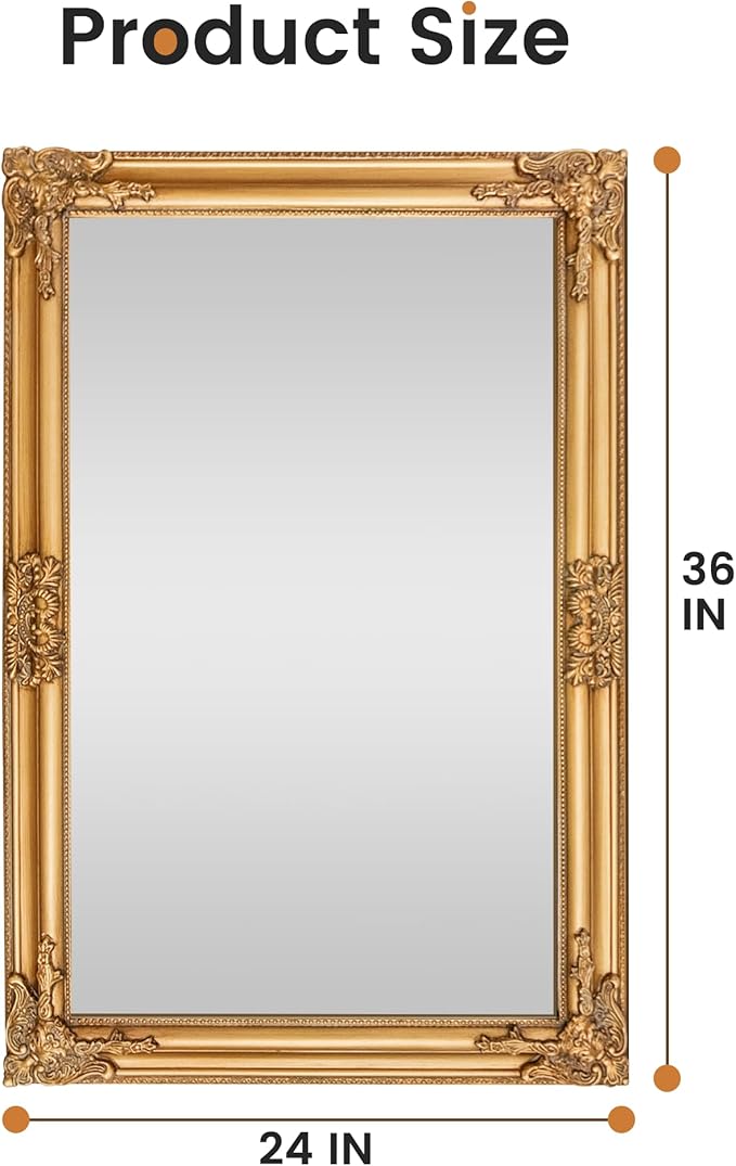 TRAHOME 24"x36" Vintage Gold Baroque Wall Mirror, Ornate Antique Style Decorative Mirror for Entryway, Living Room, Fireplace Mantel, Hallway