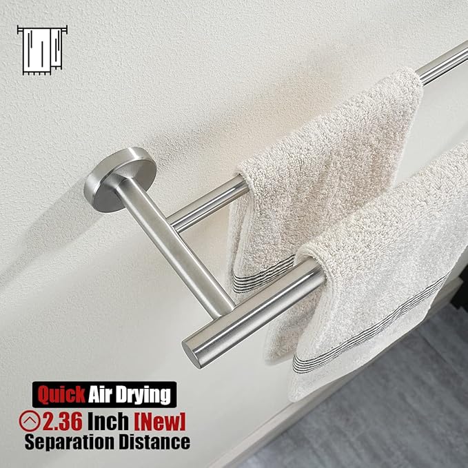 JQK Double Towel Bar 27 Inch, Brushed Steel Useable Length 24 Inch 304 Stainless Steel Thicken 0.8mm Bath Towel Rack for Bathroom, Towel Holder Wall Mount 2 Pack, TB100L24-BN-P2