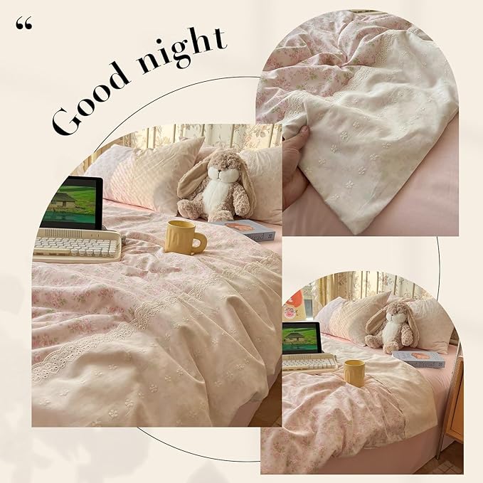 LifeTB Pink Floral Duvet Cover King Romantic Lace Bedding Set Garden Style Cottagecore Flower Duvet Cover with Zipper Closure Soft Washed Microfiber Botanical Comforter Cover for Girls Women