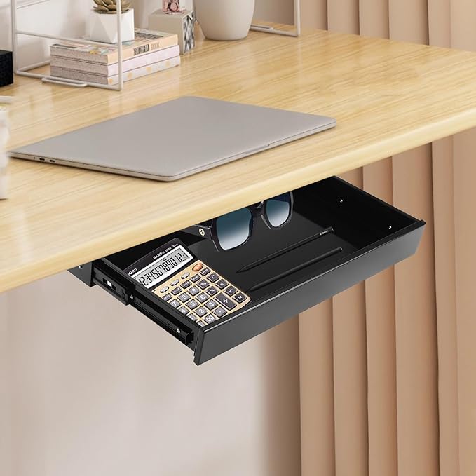 Under Desk Drawer Slide Out For Office Desk, Storage Organizer For Sit Stand Workstation, 22” x 14” x 3”, Black