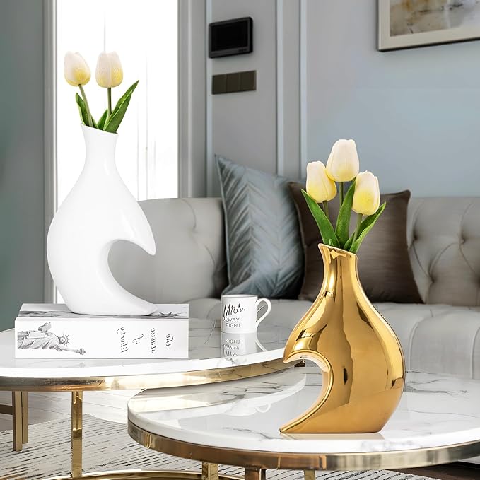 White and Gold Vases Set of 2, Modern Vases Home Decor, Heart Vase Ceramic Gold Decor, Pretty vases for Flowers, Decorative vase Table Centerpieces