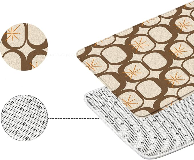 Mid Century Modern Bath Mat Abstract Atomic Geometric Retro 1950s Brown Bathroom Kitchen Toilet Rugs,24x36 Inch