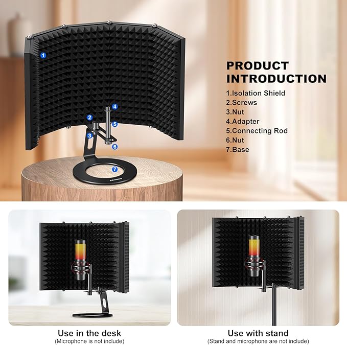 Aokeo Microphone Isolation Shield, Foldable Mic Shield with Triple Sound Insulation, Reflection Filter with 3/8" and 5/8" Mic Threaded Mount for Recording Studio, Podcasts, Singing, and Broadcasting