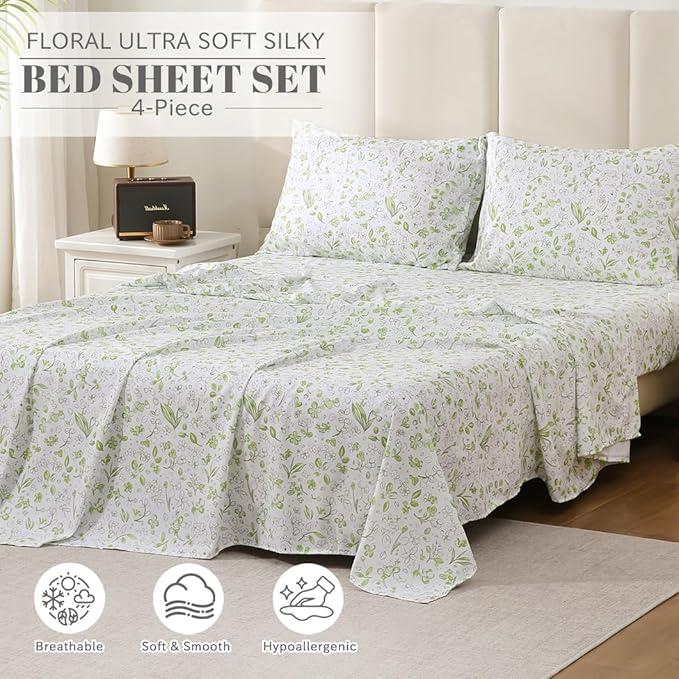 Bedlifes California King Sheet Set Ultra Soft, Breathable, Silky Flower Deep Pocket 100% Microfiber Bedding, 4 Piece Cal King Size Green Floral