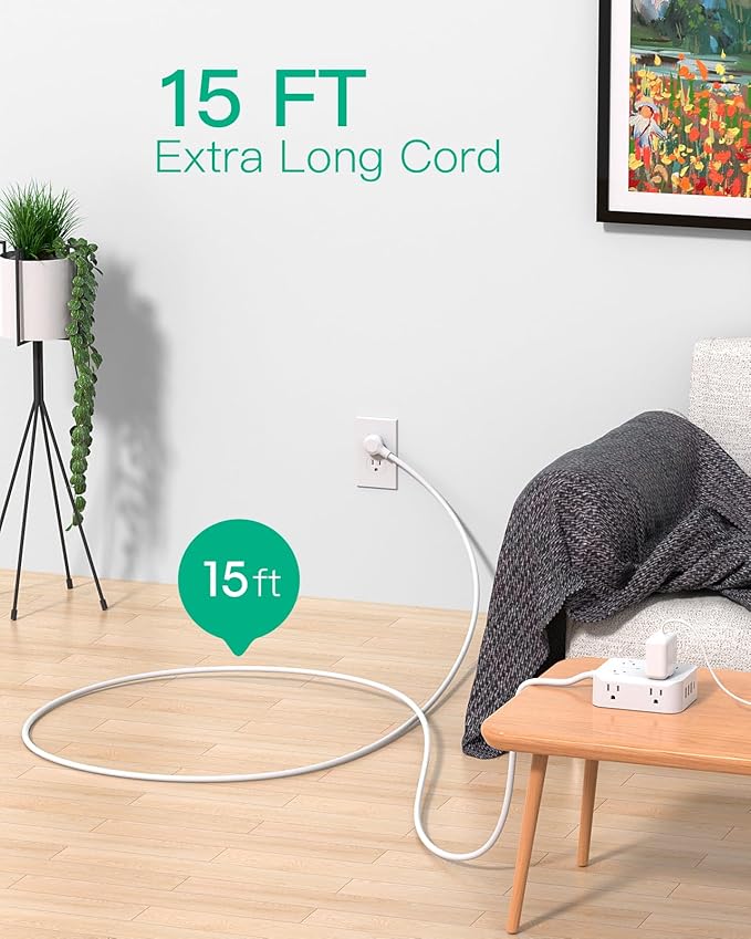 15FT Power Strip Surge Protector - 8 Outlets and 4 USB Ports, Heavy-Duty Braided Extension Cord, Flat Plug, 15A Circuit Breaker, Charging Station Overload Protection