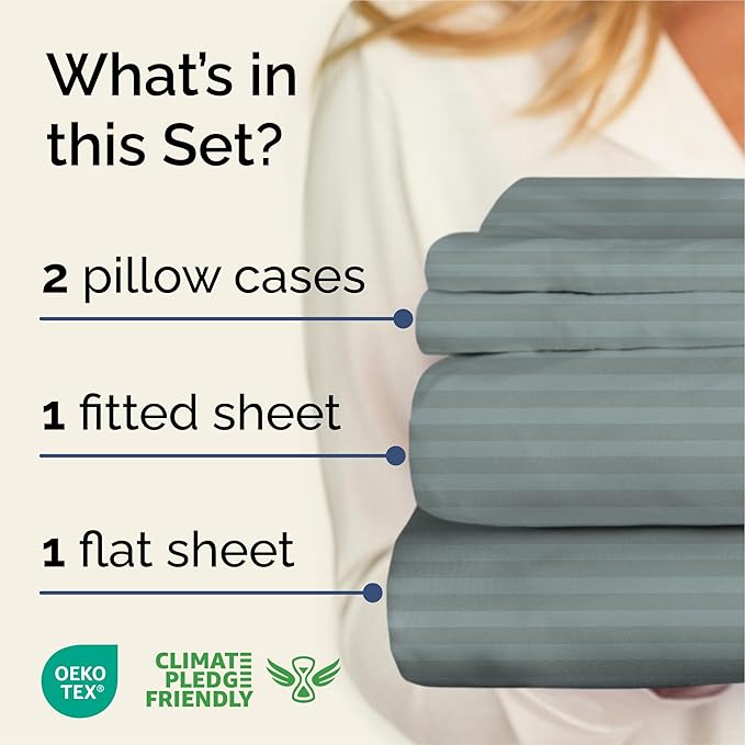 Striped Sheets - Green Striped Sheets - 1 Flat & 1 Fitted & 2 Pillowcases w/ Deep Pockets – Comfy, Wrinkle & Fade Free - Soft, Breathable and Cooling – Luxury Pinstripe Bedding - Queen Size Bed Set