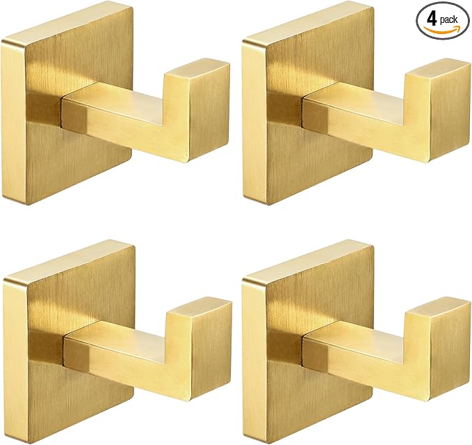 IBosins 4 Pack Towel Hooks Hand Towel Holder for Bathroom Wall Livingroom Bedroom Kitchen Closet Heavy Duty Stainless Steel Hook Hanger for Robe, Bath Towel, Coat (Square Brushed Gold)