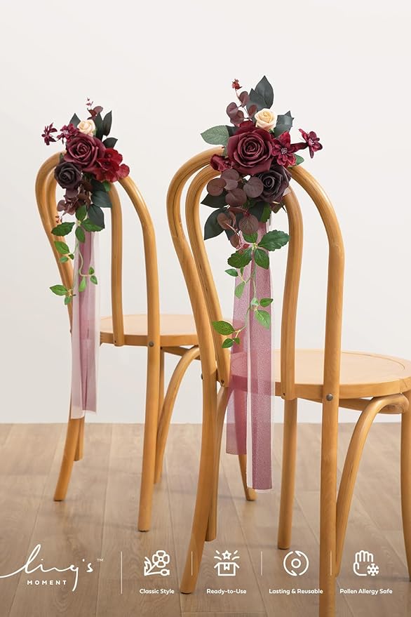 Ling's moment 8 Wedding Artificial Aisle Pew Flowers Chair Decorations Arrangements with Chiffon Ribbons Bordeaux Red for Ceremony Reception Chair Back Floral Decor Reception Church Party Outdoor
