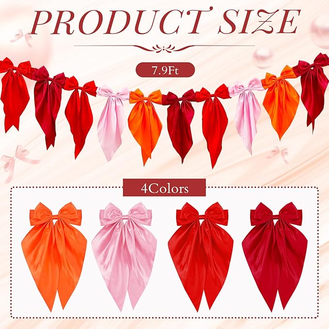 VitalCozy Red Bow Garland Banner, Satin Ribbon Bow Party Hanging Garland Decoration for Birthday Christmas Holiday Party Supplies