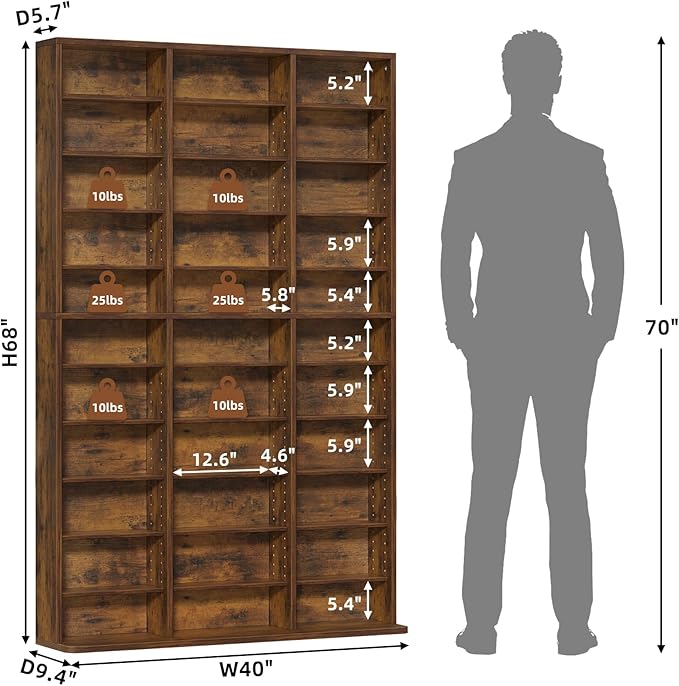 LELELINKY 11 Tier Tall Display Cabinet, Brown Media Storage Cabinet with Adjustable Shelves, Free Standing DVD Organizer Shelf, Floor Multimedia Storage Manga Bookshelf for Living Room & Home Office.