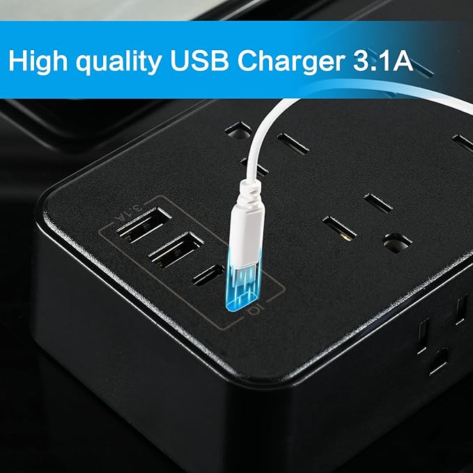 10FT Power Strip Extension Cord Surge Protector with 8 Outlets and 2 USB & 2 USB-C Port(5V 3.1A),Bold Extension Cord with Fuse Surge Protected Power Strip for Home Office (Black)