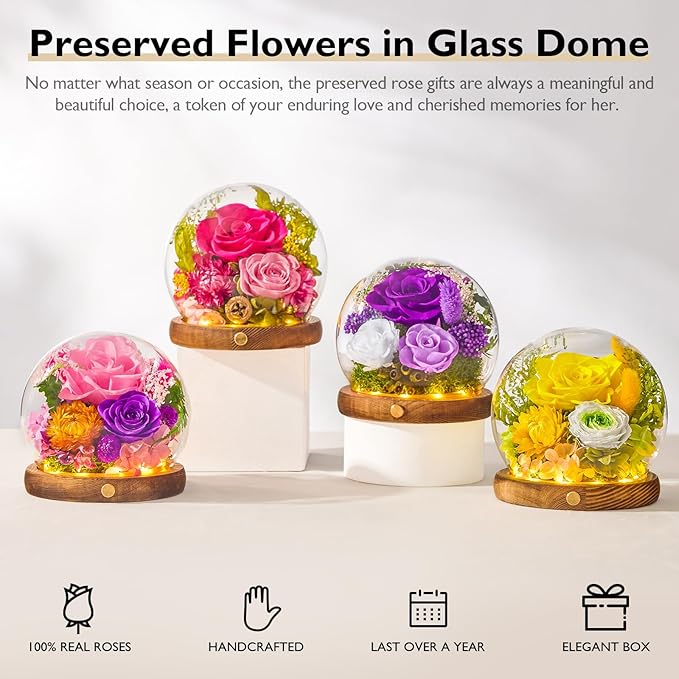 Forever Flowers for Delivery Prime, Preserved Rose in Glass Dome, Gifts for Women Birthday, Long-Lasting Flowers for Mom Wife Grandma Valentine's Day Mother's Day Christmas Anniversary, Pink