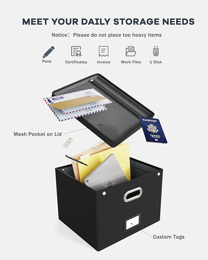 2 Pack File Organizer Box with Lid, Large Hanging Filing Box with Mesh Pocket, Document Organizer for Letter Files, Portable Storage Case for Office&Home (Black)