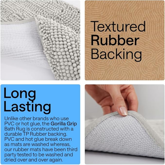 GORILLA GRIP Plush Absorbent Shaggy Chenille Bath Rug Mat for Oval Toilet Base with Rubber Backing, Machine Washable Rugs, Soft Microfiber Contour Mats for Toilets, Bathroom Decor, Lt Gray