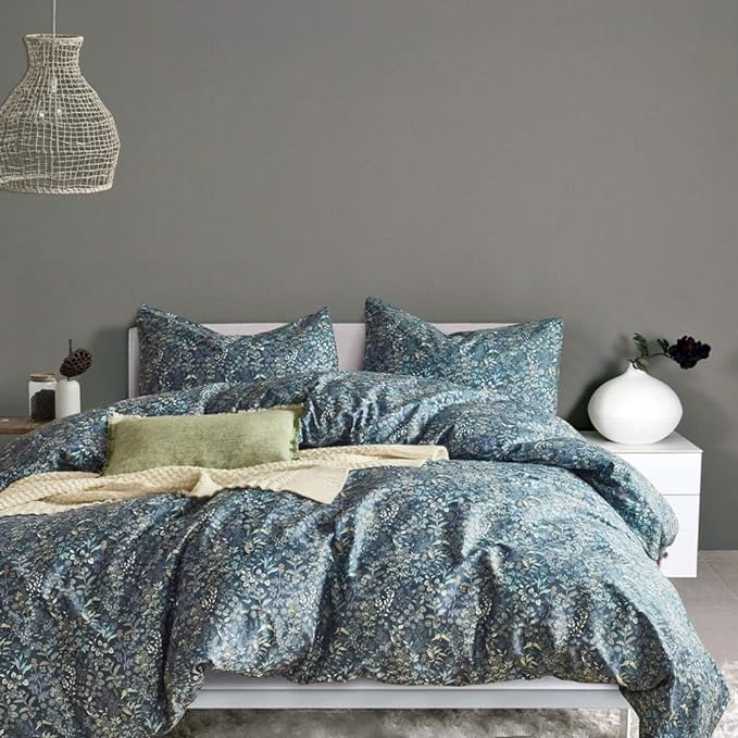 Blue Floral Duvet Cover Queen Vintage Flower Pattern Duvet Cover 100% Cotton Garden Style Comforter Cover Chic Botanical Floral Bedding Sets for Girls Women 1 Queen Duvet Cover with 2 Pillowcases
