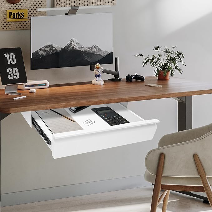16" Under Desk Drawer Slide Out For Office Desk, Storage Organizer For Sit Stand Workstation, White