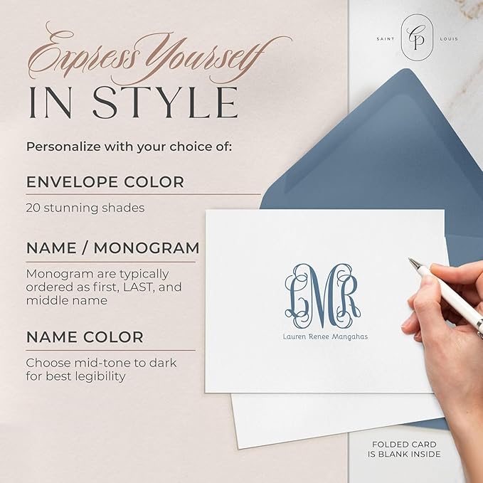 Curio Press Personalized Stationery for Women & Men-Folded Thank You Cards with Custom Notecards, Personalized Note Cards with Envelopes, Name & Initials Monogrammed, Custom Stationery -Vine Mono Fold