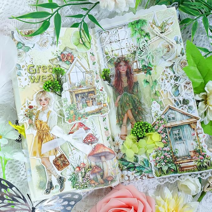 Dwpetzo Spring Cottage Scenery Scrapbook Stickers, 20 Sheets A5 Pre-Cut PET Washi Stickers Book for Journaling, Junk Journal Supplies, Bujo, Collage, Crafts Arts