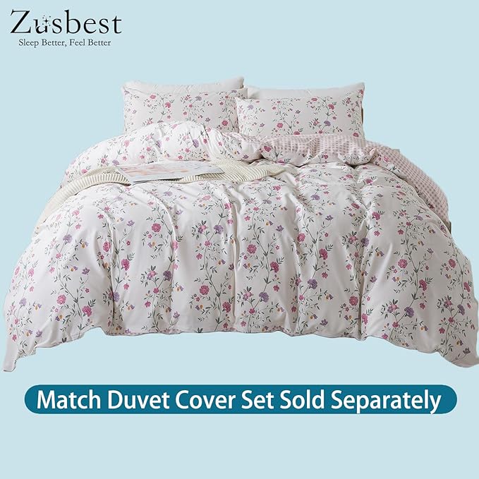 Zusbest California Sheets, Soft 100% Cotton Pink & Off White Floral Bed Sheets Shabby Vintage Chic Purple Flower Printed Sheets Breathable 4 Piece Deep Pocket 17.5‘’（Cal King,Rosy）