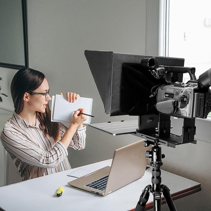16-Inch Professional Teleprompter with Tempered Optical Glass, All-Metal Design, Remote Control & App Support, Works with Phones, Tablets, and Cameras