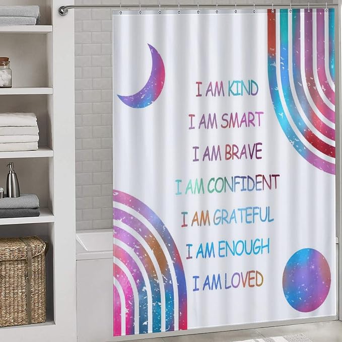 Rainbow Shower Curtain for Girls Bathroom, Boho Rianbow Quotes Inspirational Motivational Positive Colorful Pastel Green for Baby Kids Waterproof Fabric Shower Curtain Set with Hooks, 72"x78" Inch