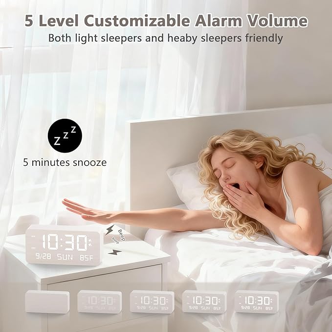 Fomobest Wooden Digital Alarm Clock for Bedroom - Desk Clock with Date, Day of Week, Temperature, Dual Alarms, Dimmer, USB Port Charge, DST, Adjustable Volume for Living Room/Office Wood Decor (White)